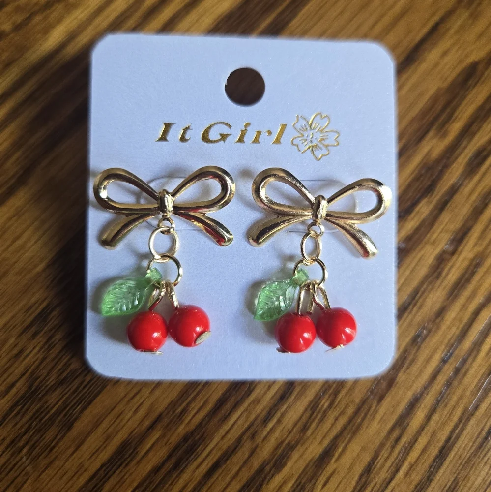 Gold Cherry Bow Earrings